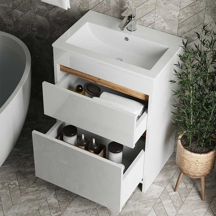 Szafka pod umywalkę 60cm Biała Wysoki połysk Złoty Dąb 2 szuflady