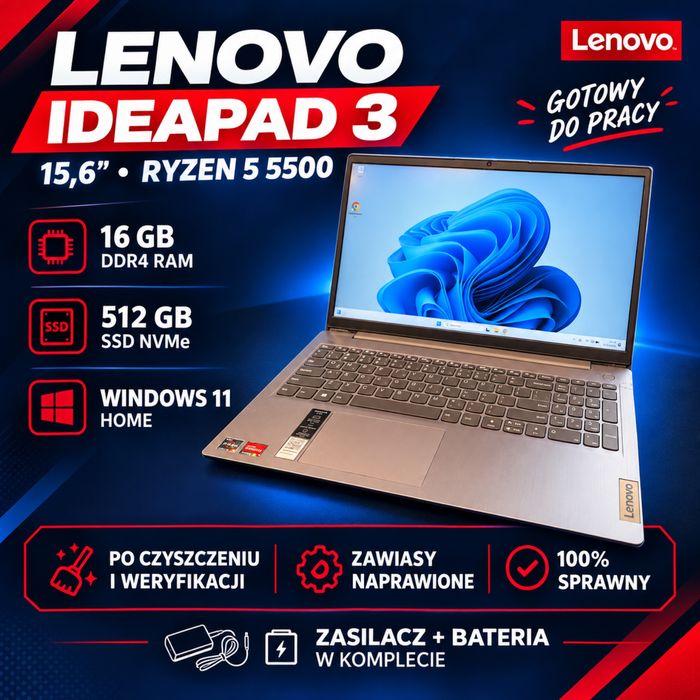 Laptop lenovo ideapad 3 15,6 cala Ryzen 5500/ RAM 16GB/ SSD 512GB Windows 11 Home