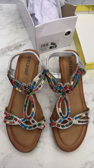 Tulipano Silver Beaded Boho Wedge Sandals (New in Box)