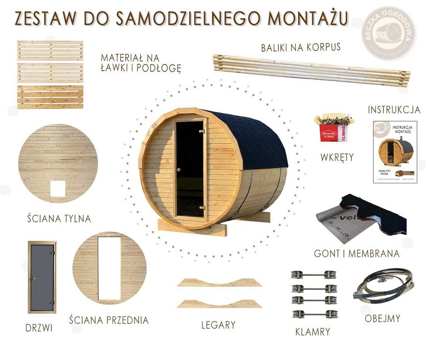 Sauna beczka ogrodowa do złożenia samodzielnego montażu drewno