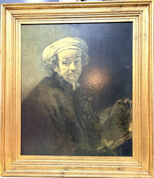 Grande antiga moldura dourada com impressão de pintura de Rembrandt