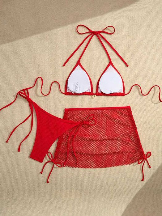 Женский красный раздельный купальник сетка размер М (лиф, плавки юбка)