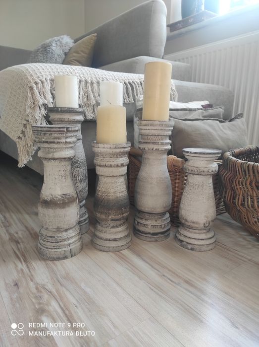 Świeczniki drewniane toczone vintage rękodzieło