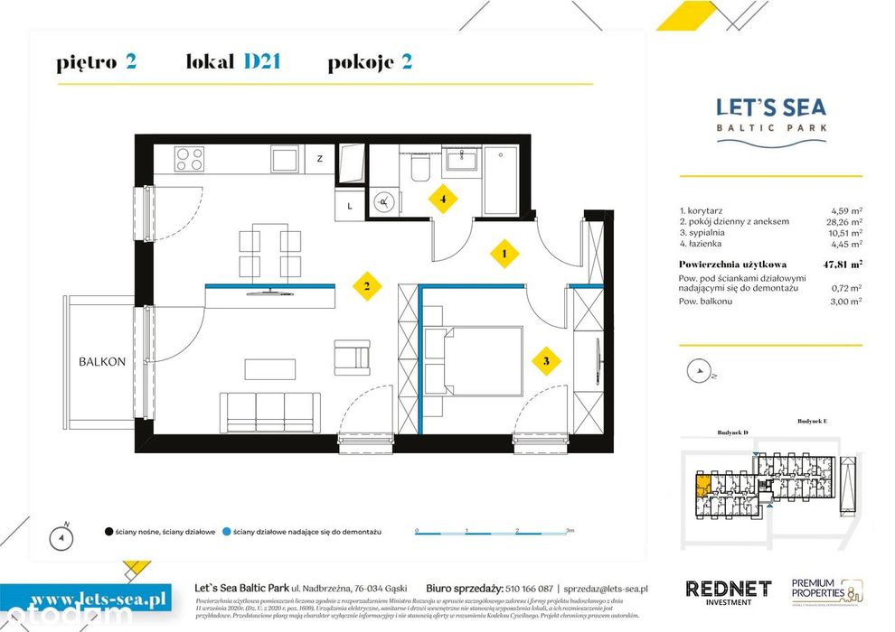 2-pokojowe mieszkanie 47m2 + balkon Bez Prowizji