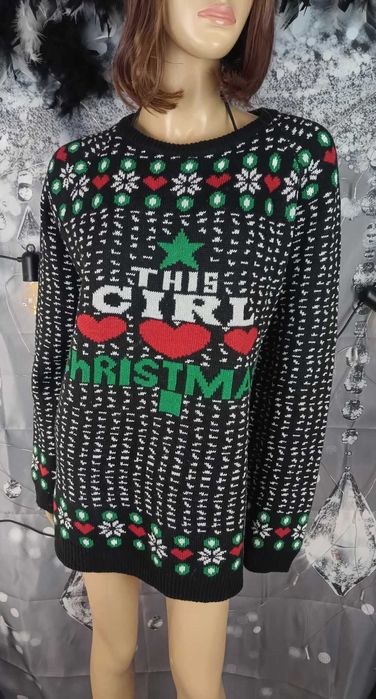 Sweter damski ciepły świąteczny czarny we wzory, Nille XL