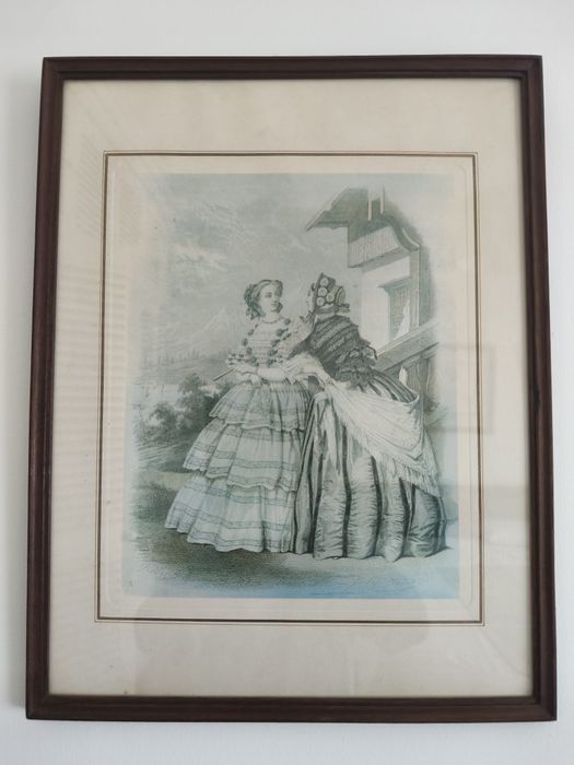 Quadro gravura muito antigo damas  vitorianas