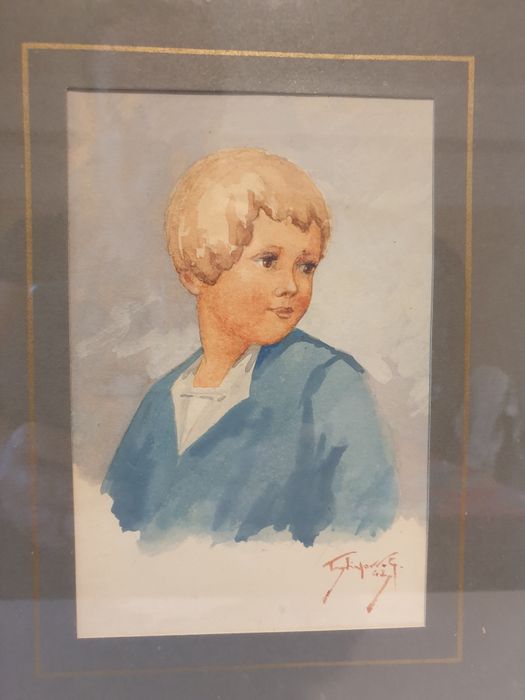 Aquarela antiga  retrato de um menino  de 1942 - assinado