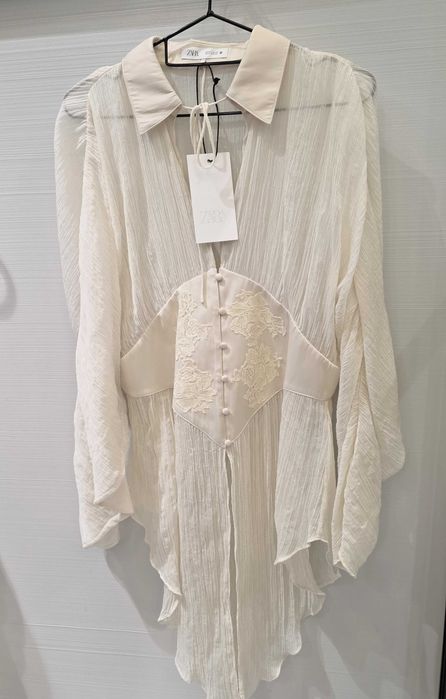 elegancka kremowa gorsetowa bluzka z koronki koszula z długim rękawem Zara georgette kolekcja ZW S 36 XS