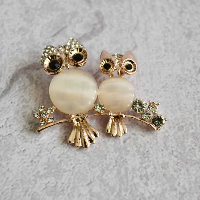 Broszka dwie sowy cyrkonie kocie oko