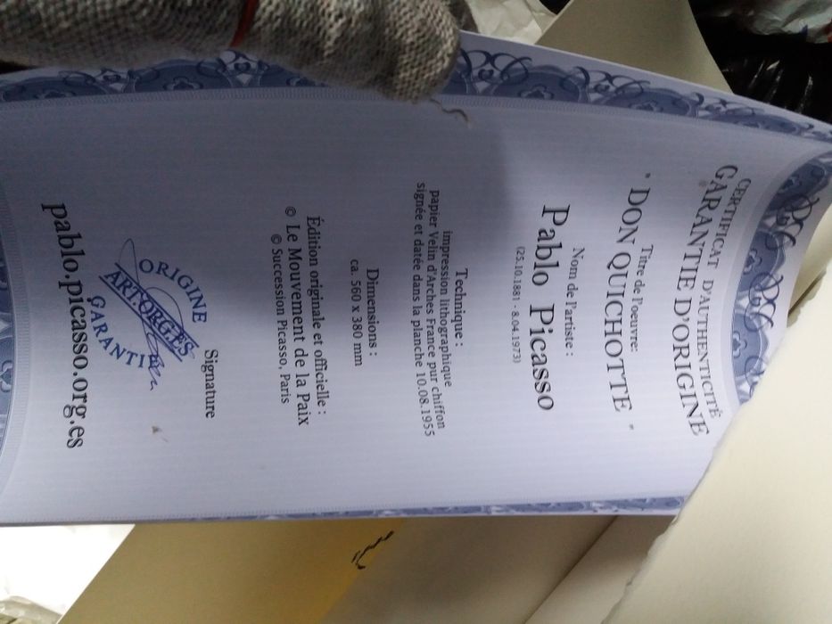 Grafika Picasso -Gołąbek pokoju- certyfikat