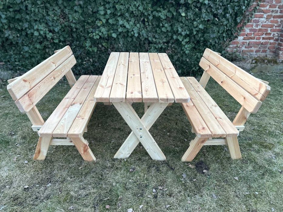 Komplet mebli ogrodowych drewniany stół ławka krzesło solidny nowy