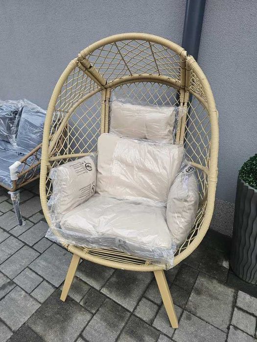 Fotel ogrodowe kokon boho techno rattan na balkon z poduszkami beżowy