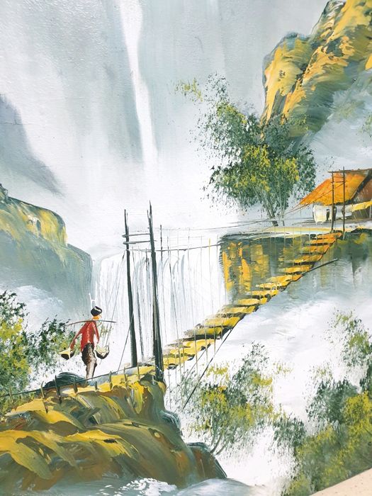 Antiga pintura chinesa - Paisagem - em óleo sobre tela - assinada