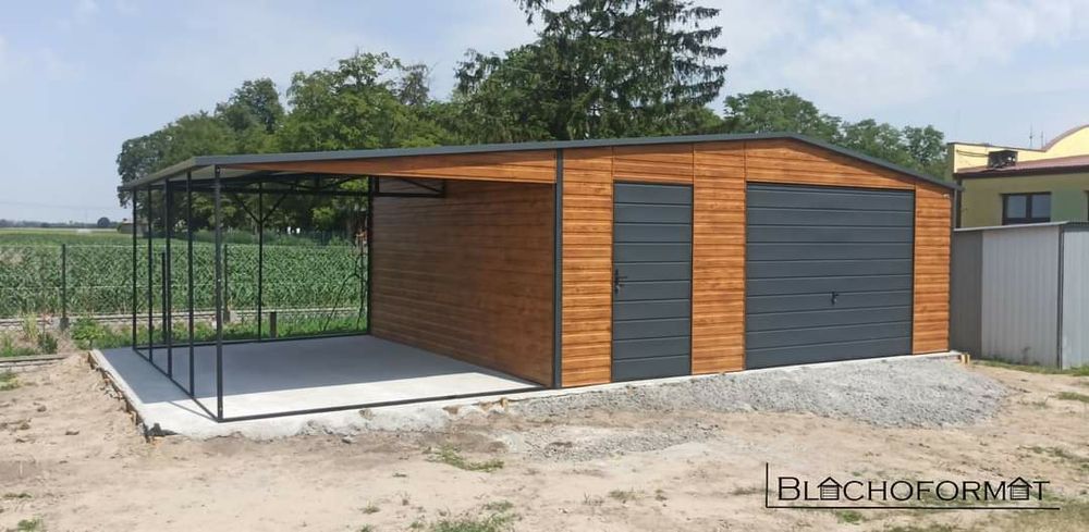 Garaż blaszany 3x5 + 6x5 wiata z profila drewnopodobny