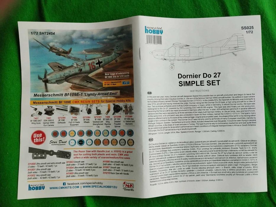 1/72 Special Hobby SS025 Dornier Do 27 SIMPLE SET FAP kit modelismo