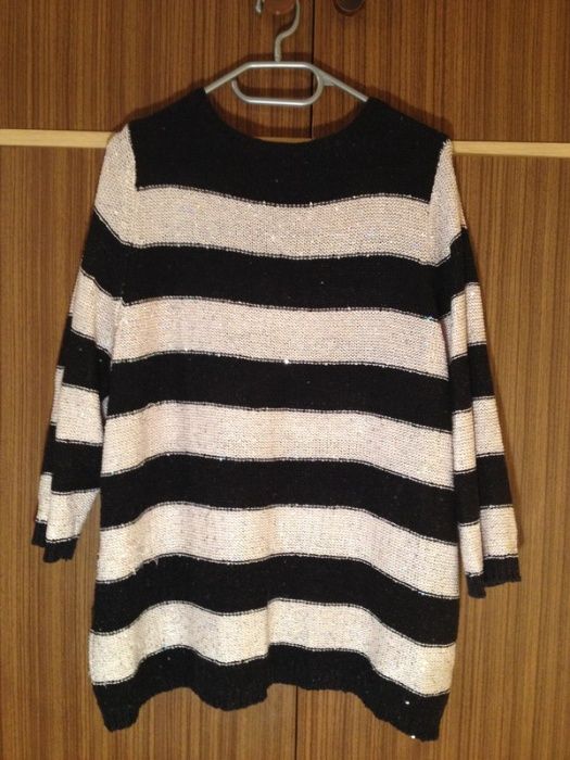 Marks&Spencer M&S sweter oversize paski cekiny czarne białe unikat cie