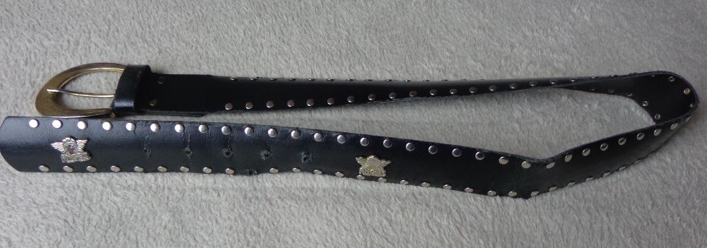 Pasek damski czarny, skórzany, z metalowymi ćwiekami, ozdoby "ANGELS"