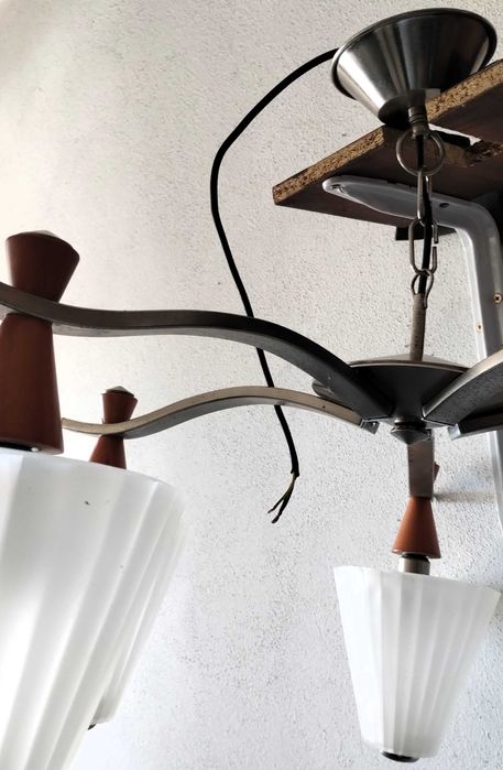 Candeeiro Tecto 5 Lustres Metal Madeira Vidro