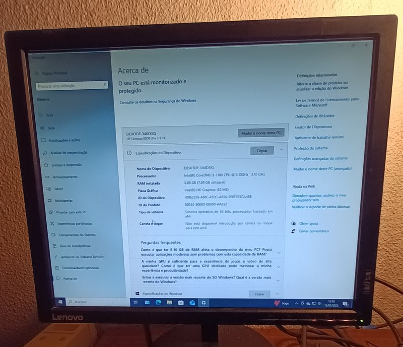 Computador hp  compaq elite 8200 (com  avaria)
