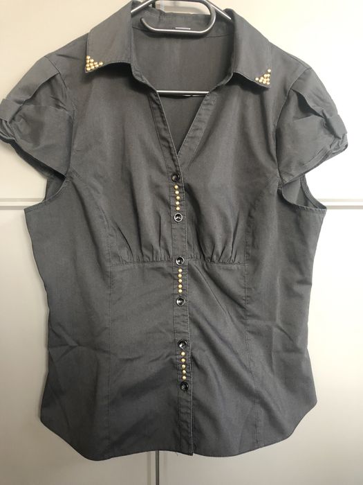 Czarna damska bluzka rozmiar L ozdobny kołnierzyk