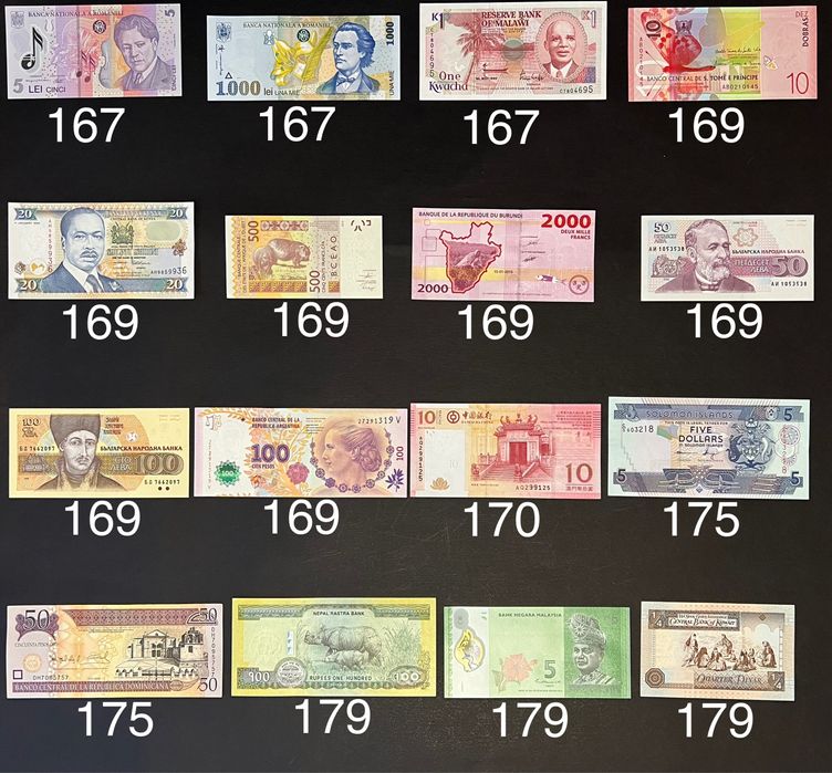 Банкноти купюри країн світу вартістю від 150 до 200 грн