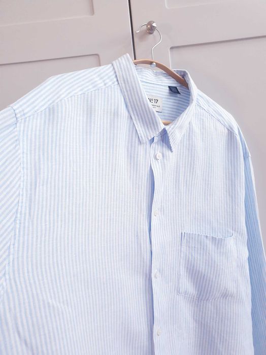 Biała koszula lniana w niebieskie paski H&M XL 2XL