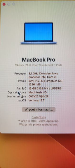 MacBook Pro 13  2017 16 GB ram 1TB SSD 4 porty Thunderbolt 3