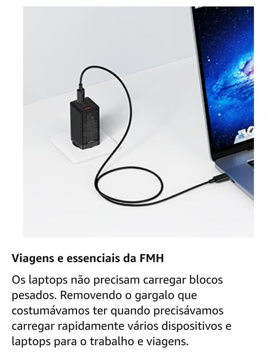 Carregador 65w USB Baseus para computador portátil ou smartphone