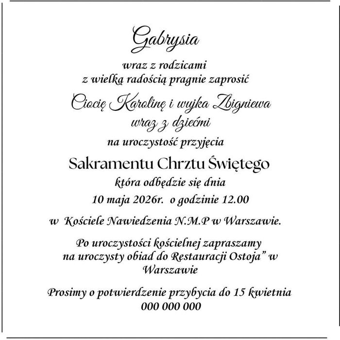 Zaproszenie na Chrzest Święty dla gości Uroczystość