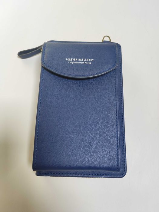 Portfel Mini Torebka Z Kieszenią Na Telefon Skóra Niebieski