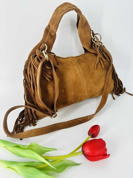 Nowa boho frędzle torebka damska zamsz camel brązowa