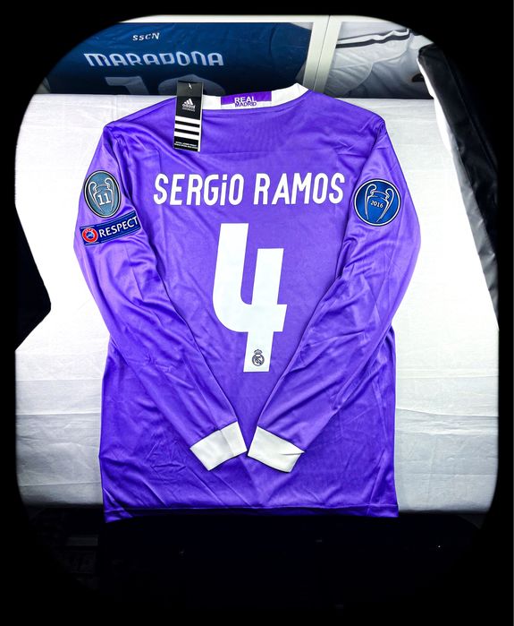 (S) SERGIO RAMOS 4 REAL MADRYT 16/17 FINAŁ LIGI MISTRZÓW VINTAGE LONG SLEEVE Fioletowa Wyjazdowa Sportowa Koszulka z Długim Rękawem | Champions League