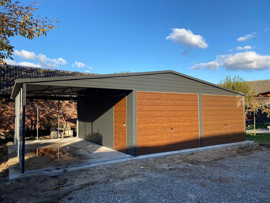 Garaż blaszany 6x6 plus wiata 3x6, grafit mat, antracyt, producent.