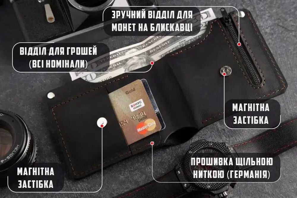 Чоловічий гаманець з натуральної шкіри з монетницею Hudson BLK чорний