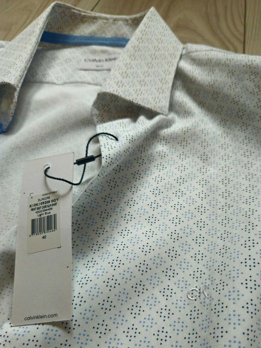 Calvin Klein Koszula Wzór Nowa z Metką Slim Fit 40 Light Blue