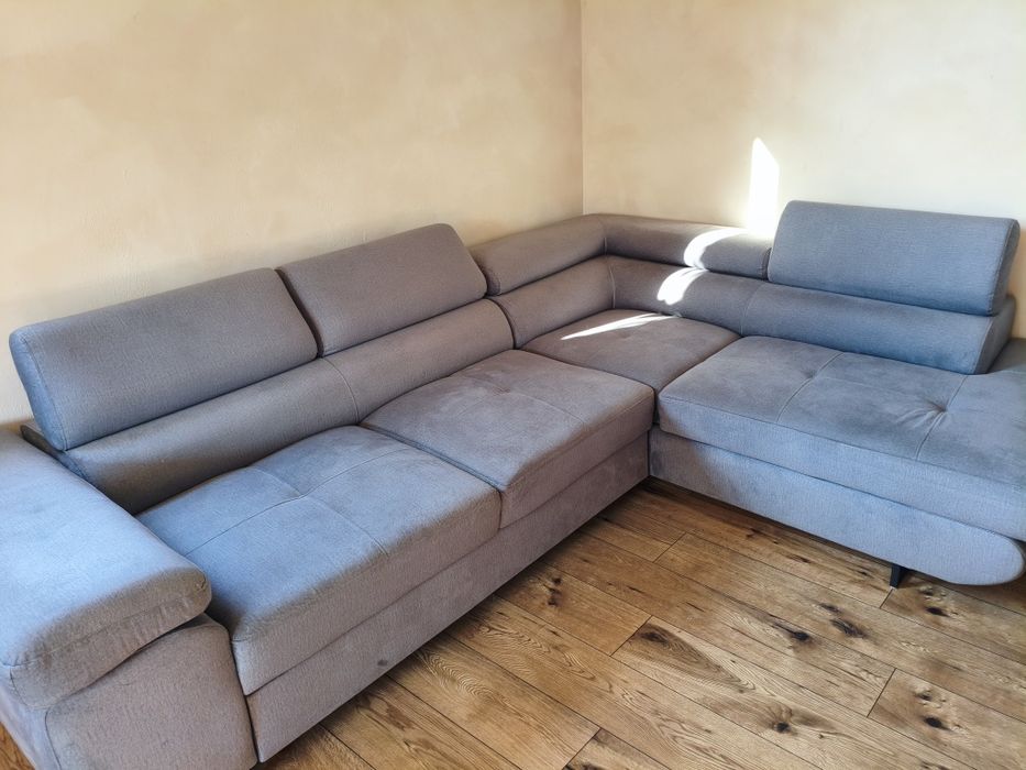 Narożnik szary welur jak nowy ruchome zagłówki