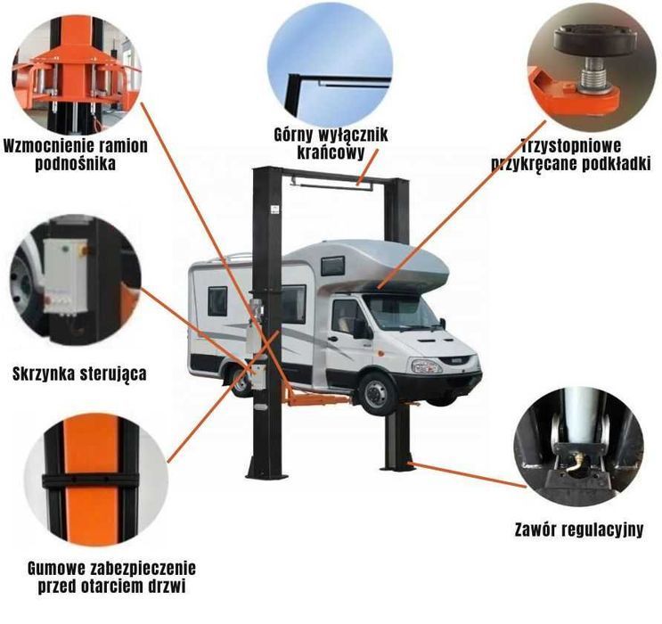 Podnośnik dwukolumnowy samochodowy łączony górą do busów 6T automat