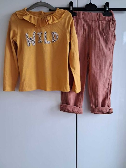 Cudny zestaw:) muślinowe spodnie bluzeczka z falbanką 98/104