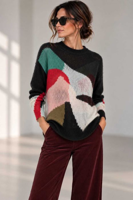 Sweter z alpaką i wełną – abstrakcyjny wzór, oversize