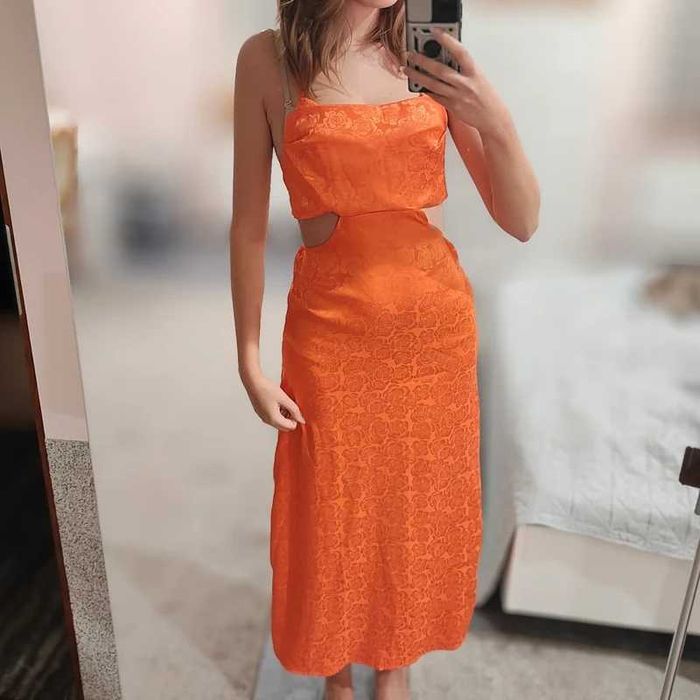Sukienka maxi M pomarańczowa róże odkryte boki sexy nowa