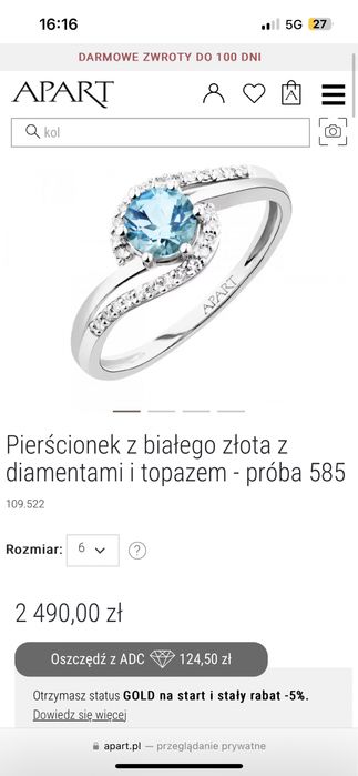 Pierścionek zaręczynowy apart biale złoto, diamenty, topaz