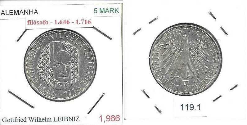 Alemanha -5 Mark - 1966-D - Gottfried Wilhelm Leibniz - Moeda de Prata