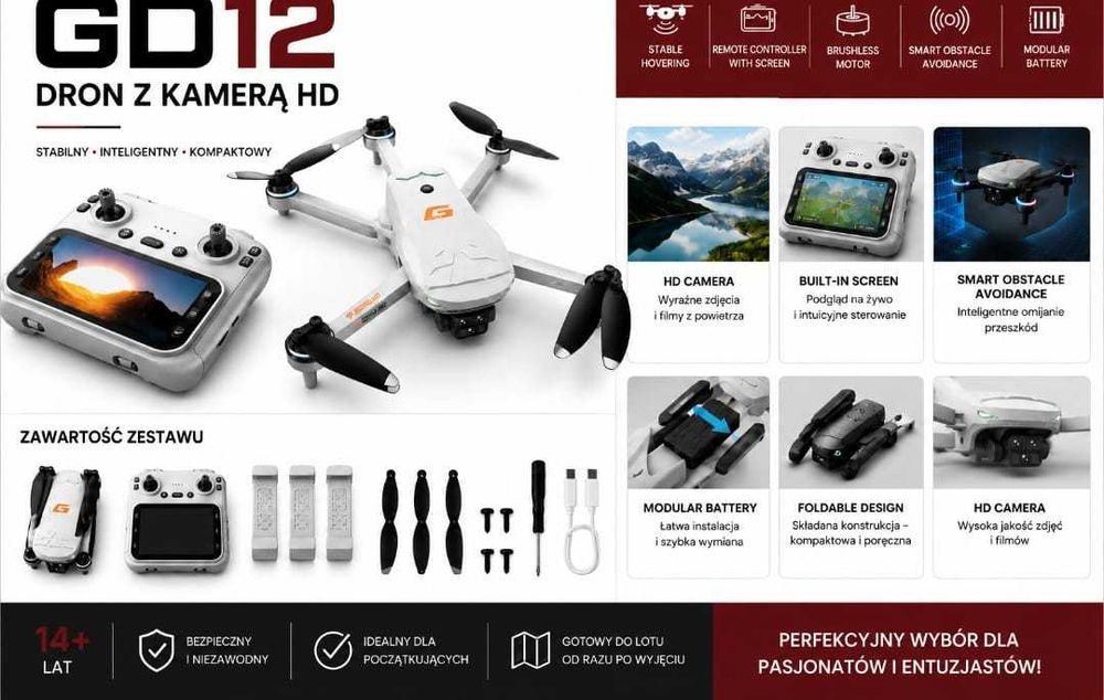 Dron GD12 Kamera HD Ekran 4,3" 3 Baterie Walizka Nowy