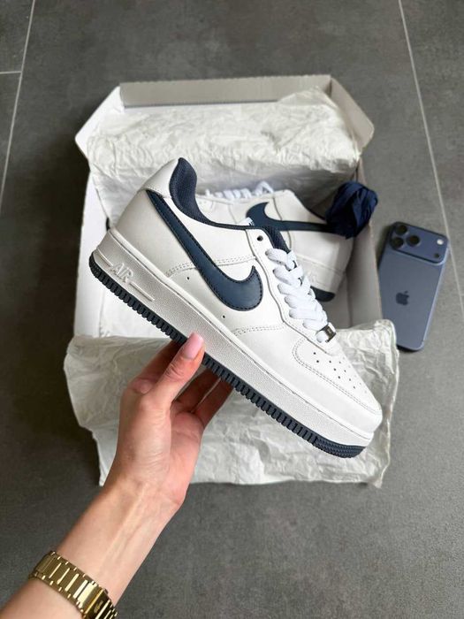 Кросівки Nike Air Force 1 Low White Navy Blue | кеди Найк Аір Форс 1 Лов білого кольору шкіряні