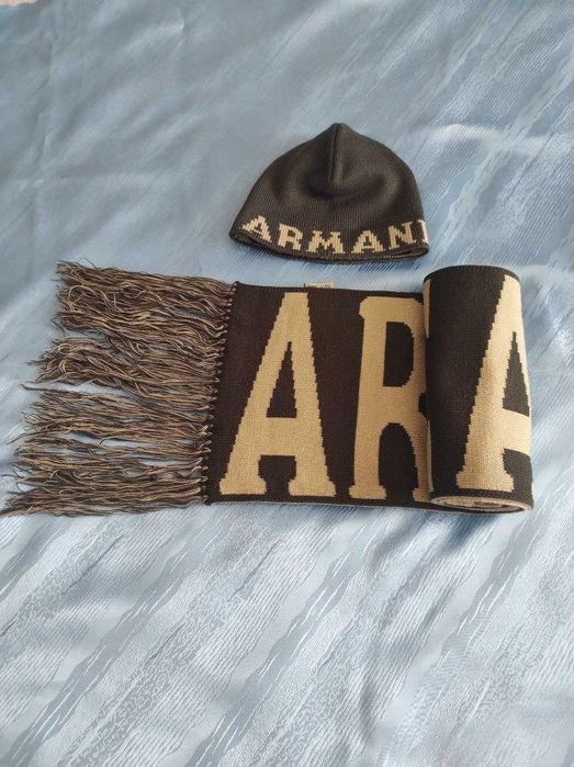 Комплект Armani: шарф з китицями + шапка, унісекс, бежево-коричневий