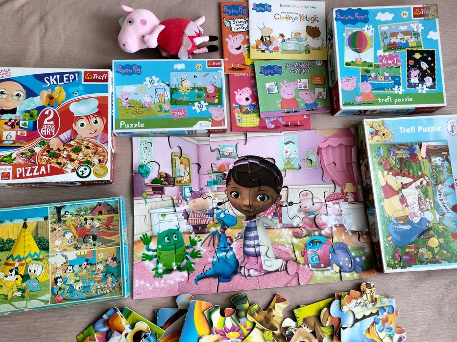Puzzle, gra, książeczki, 2 maskotki wiek 2+, 3+ - paczka