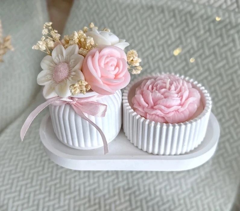 Zestaw Tacka box kwiatowy swieca piwonia