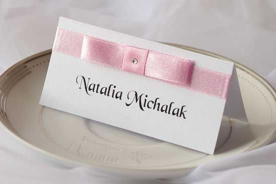 Winietki, wizytówki na wesele - ze wstążką, kokardą i cyrkonią