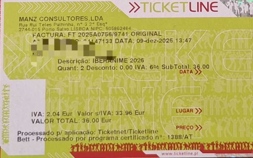 Bilhete Iberanime 16 Maio