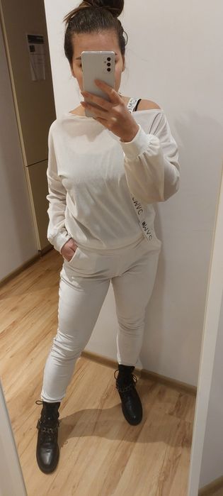 Perłowy dres komplet biały S magmac welur zestaw spodnie bluza